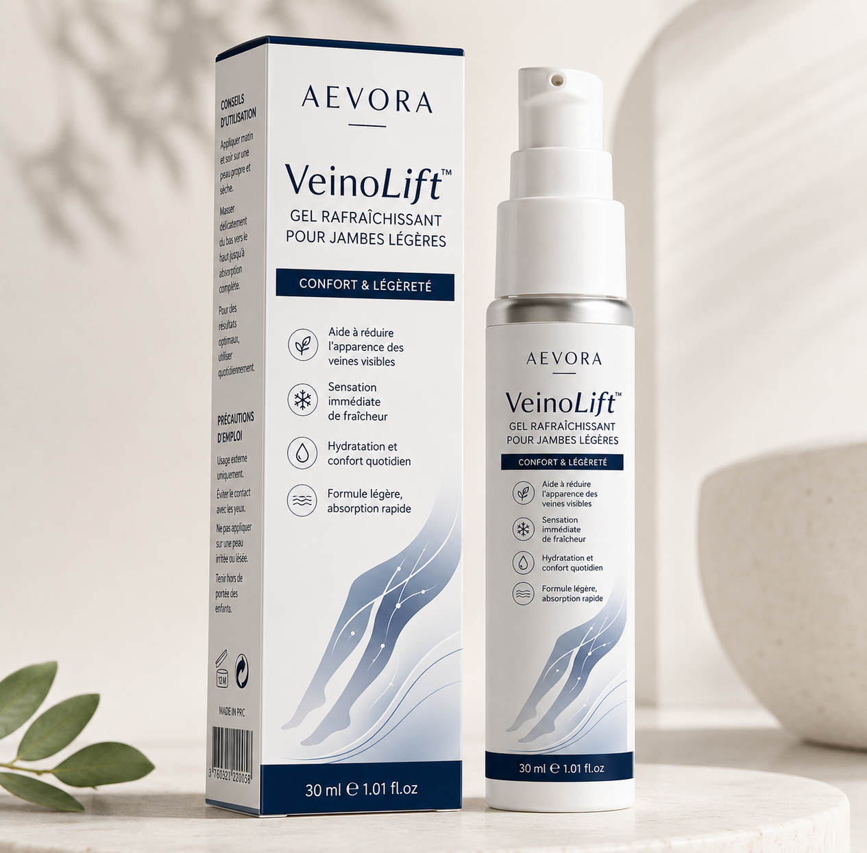 Gel VeinoLift Aevora - soin rafraîchissant jambes lourdes et varices 30ml